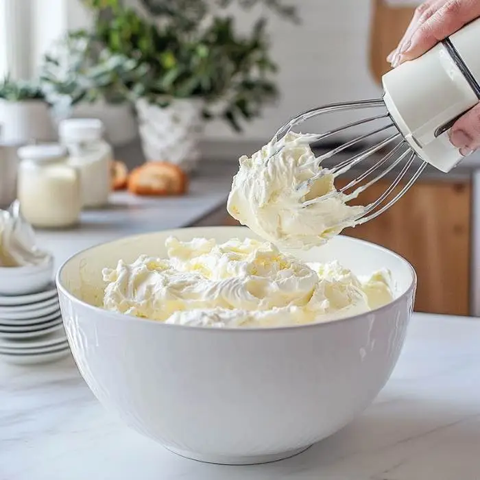 mascarpone cheese and cream cheese being blended togethe