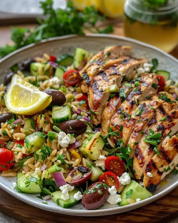 Serving Mediterranean Lemon Orzo Salad